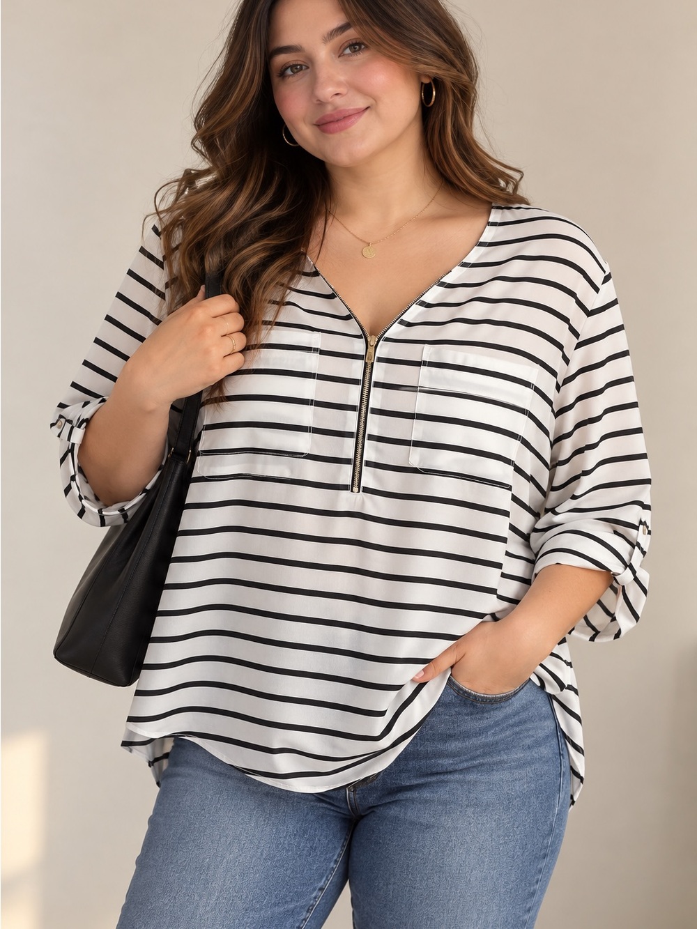 Calvin Klein Striped V-Neck Zip Blouse Old Money Coastal Grandma Quiet Luxury